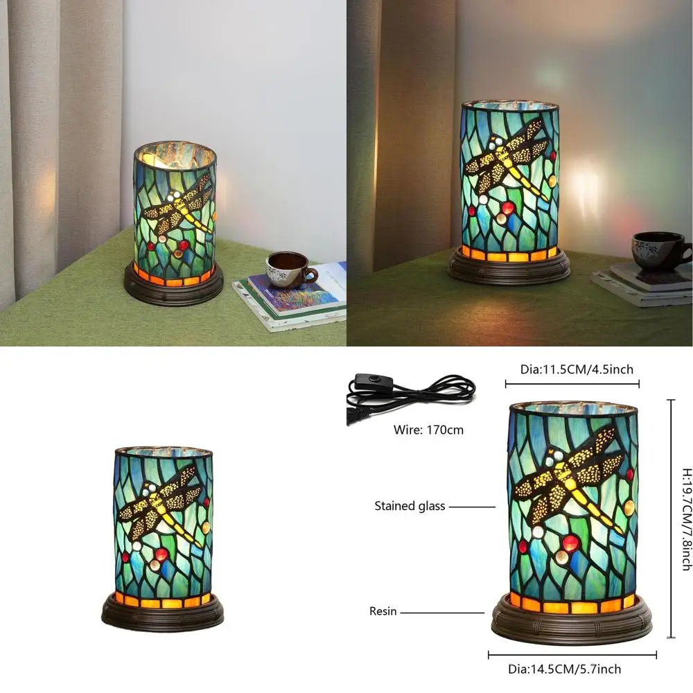 

Teal Dragonfly Stained Glass Tiffany Table Lamp - LED Night Light for Bedroom, Desk, or Kids' Room