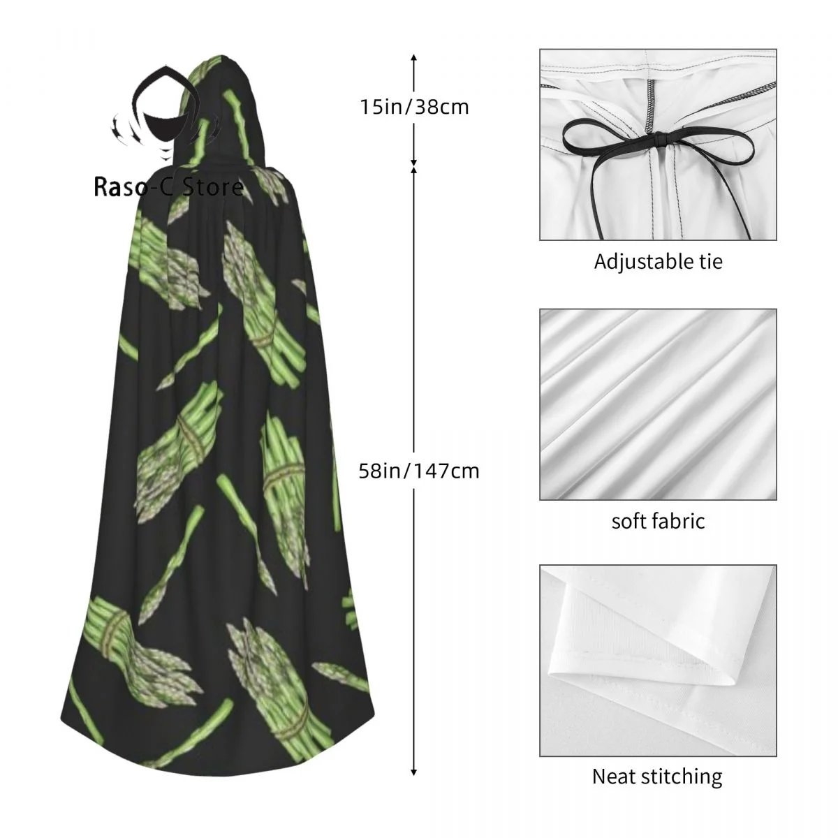 Asparagus Pattern Hooded Cloak Polyester Unisex Witch Cape Costume Accessory