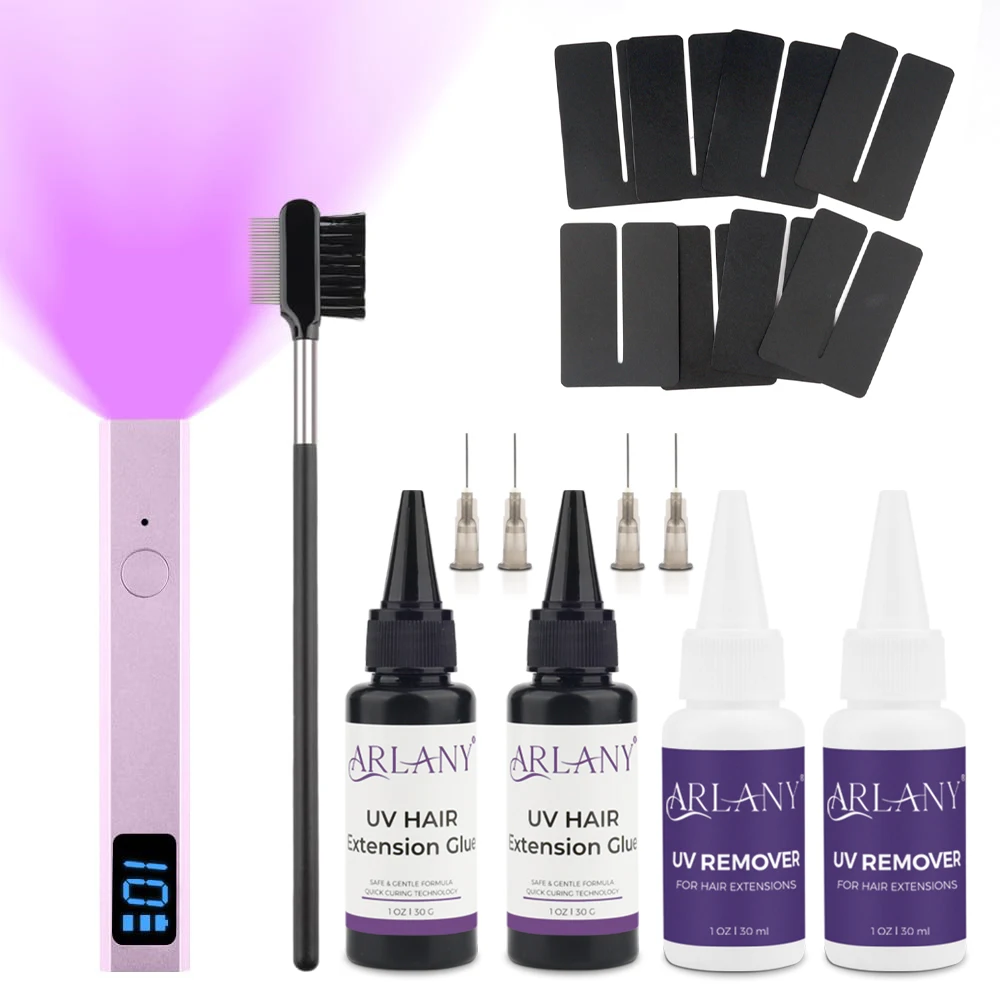 arlany-uv-hair-set-30g-colle-uv-pour-cheveux-avec-30ml-dissolvant-de-colle-8-pieces-protections-de-bouclier-lampe-uv-extensions-de-cheveux-extensions-invisibles