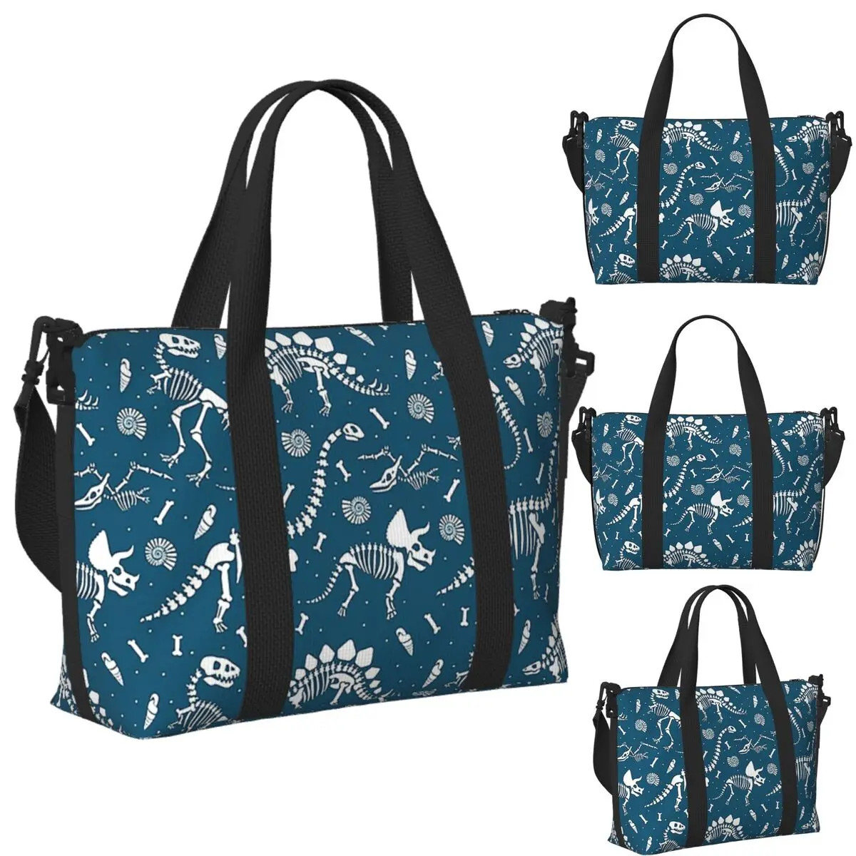 

Custom Dinosaur Fossils In Blue Beach Travel Bag Large Capacity Tote Bags for Gym Yoga Women Shopping Duffle Shoulder Bag