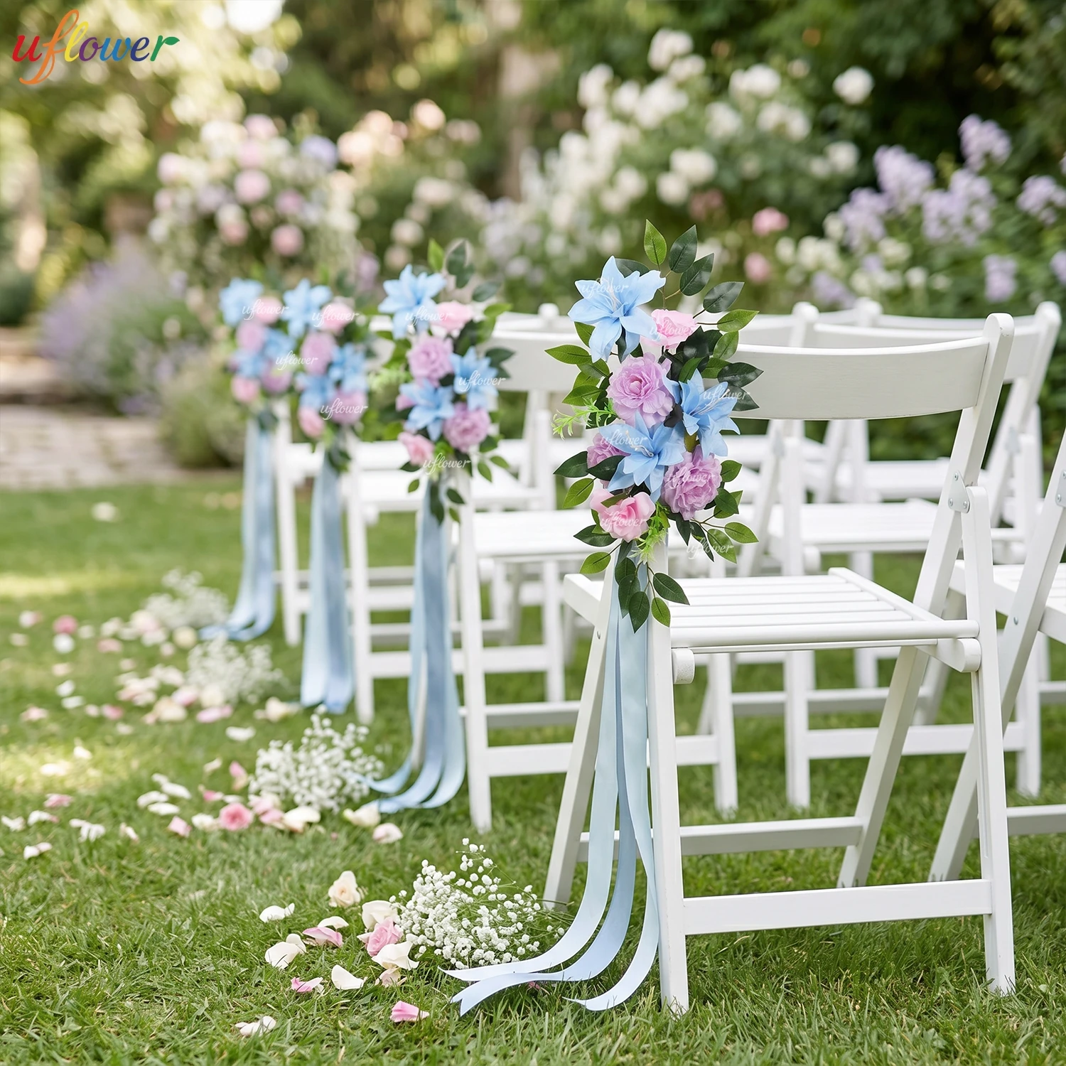 Wedding Chair flower Purple Rose Green Leaf Artificial Silk Floral Welcome Sign Flower Garland Ceremony Reception Entrance Decor