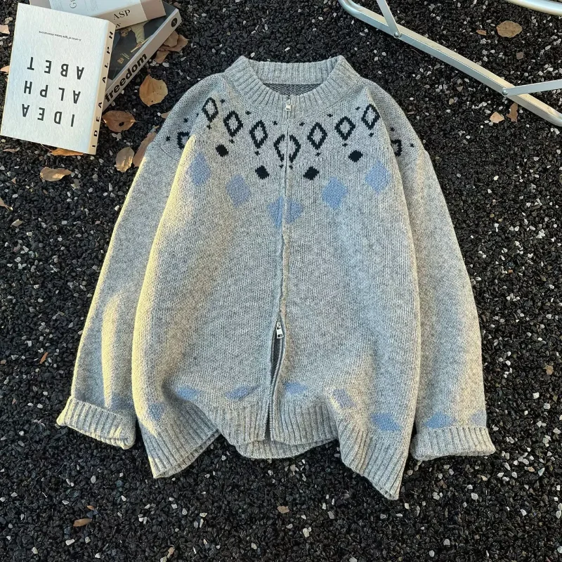 

Men Knit Cardigan Zip Fair Isle Sweater Lazy Style Autumn Winter New Trendy Versatile Minimalist Jacquard Top Coat