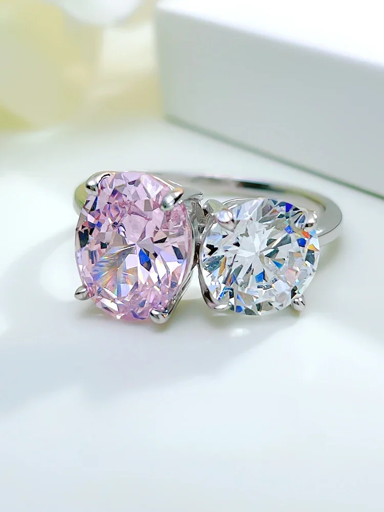 Desire Light Luxury Contrast Pink 925 Sterling Silver Multifunctional Ring High Carbon Diamond Double Stone Style Sweet