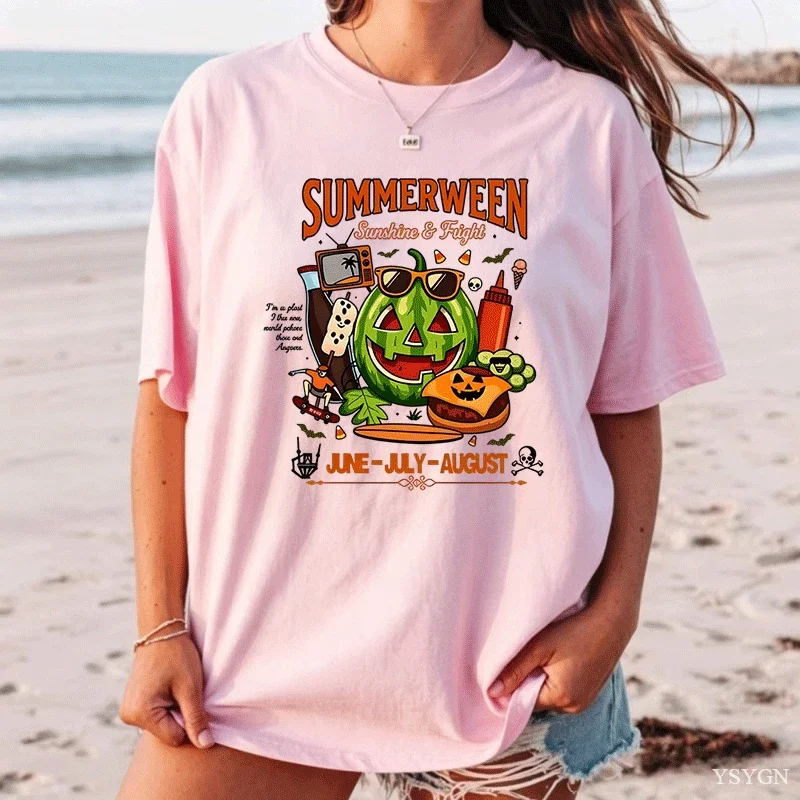 Summer Ween Watermelon Pumpkin T-Shirt Spooky Summer Graphic Tee Men Women Summer Cotton Short Sleeve Tees Clothing Tops