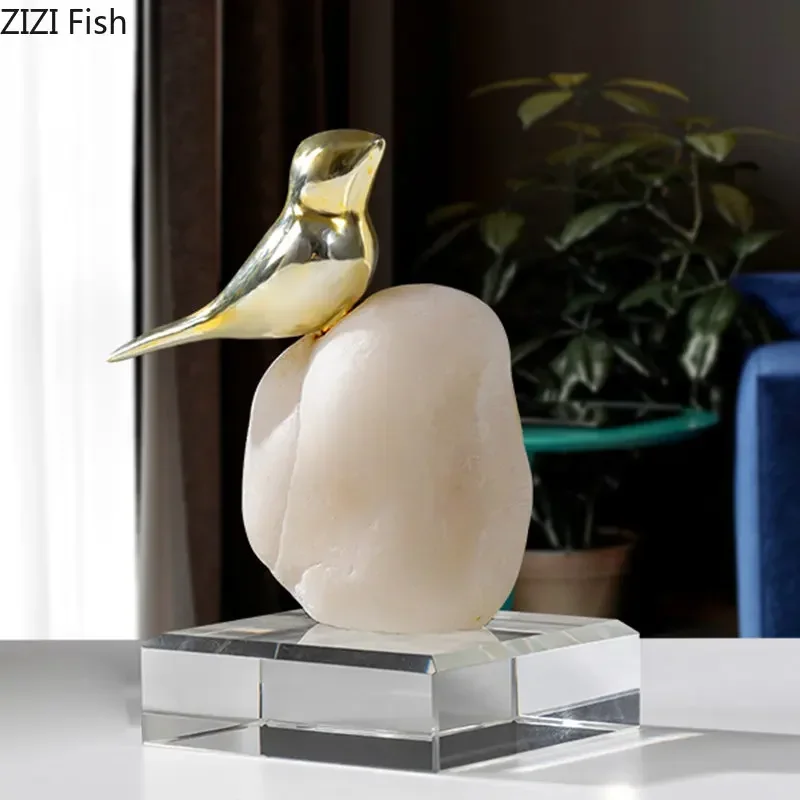 Golden Bird Statue Crystal Base Ornaments Desk Decoration Gold-plated Bird Sculpture Modern Home Decor Living Room Furnishings