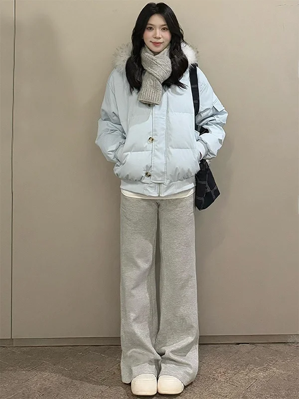 

Retro Korean Style Blue Hooded Thickened Cotton Jacket with Fur Collar Casual All-Match Winter Design Women's Fashionable Coat