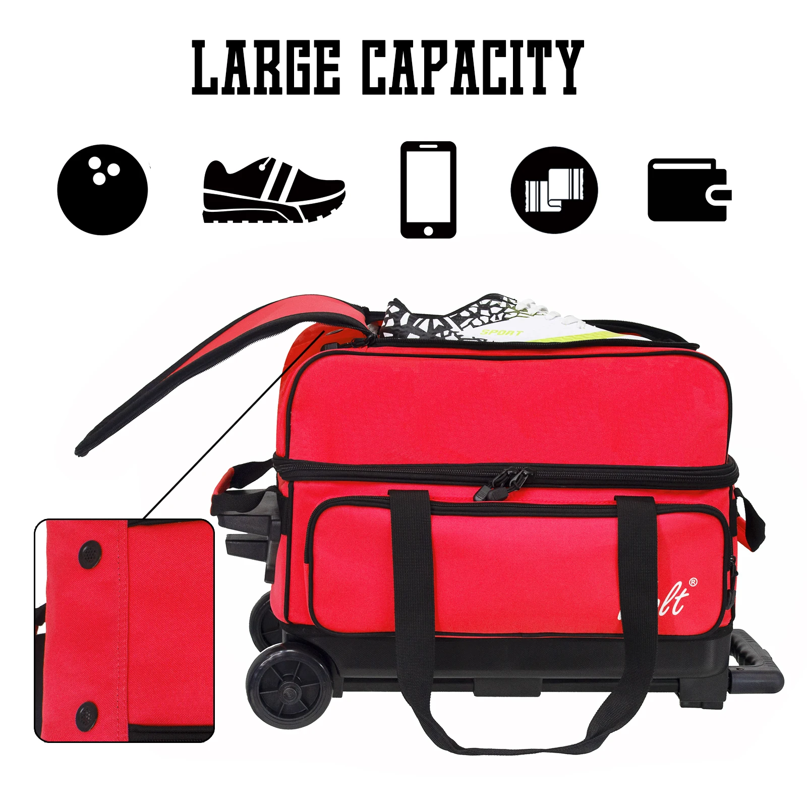 WOLT-Double Roller 2 Ball Bowling Bag, Grande Capacidade, Compartimento de Sapato Separado, Acessório Bolso, R$