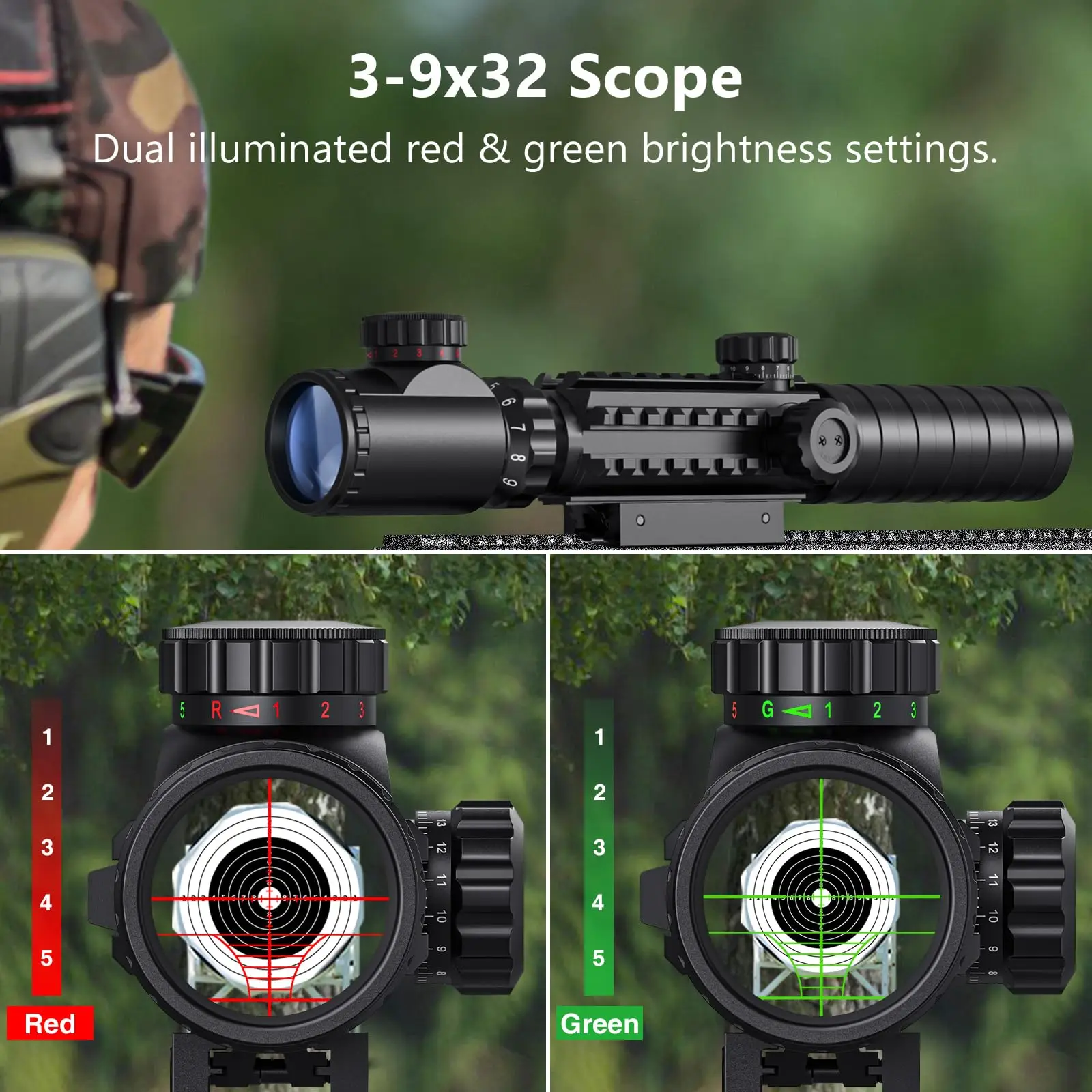 Riflescope 3-9x32 4-in-1 Scope Combo Green Laser Boresighter with Dual Illuminated Optics and 4 Holographic Sight