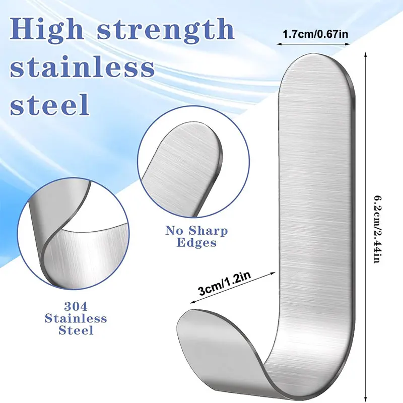5/10/15/20Pcs Adhesive Hooks Metal Stainless Steel Wall Hooks Utility J Hook Key Holder Self Adhesive Wall Hook for Kitchen