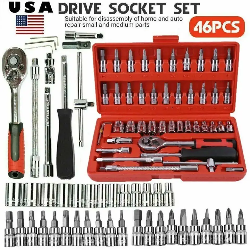 53/46Pcs Car Repair Tool Kit 1/4-Inch Socket Sets Car Repair Tool Ratchet Torque Wrench Combo Auto Repairing Sets Mechanic Tool