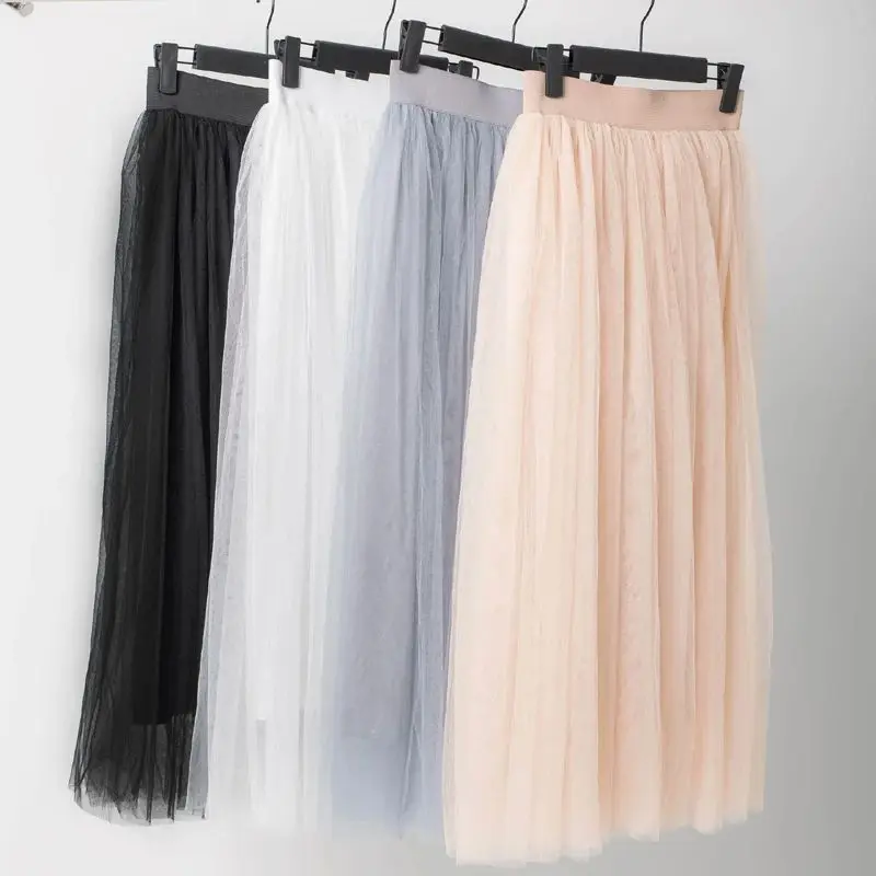 Vintage Tulle Skirt Women Elastic High Waist  3 Layers  A-line Pleated Mesh Skirt Long Bride Tutu Skirts Female Jupe Longue