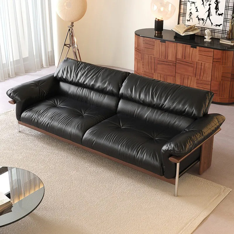 Black walnut solid wood leather living room high foot straight row imported first layer cowhide sofa