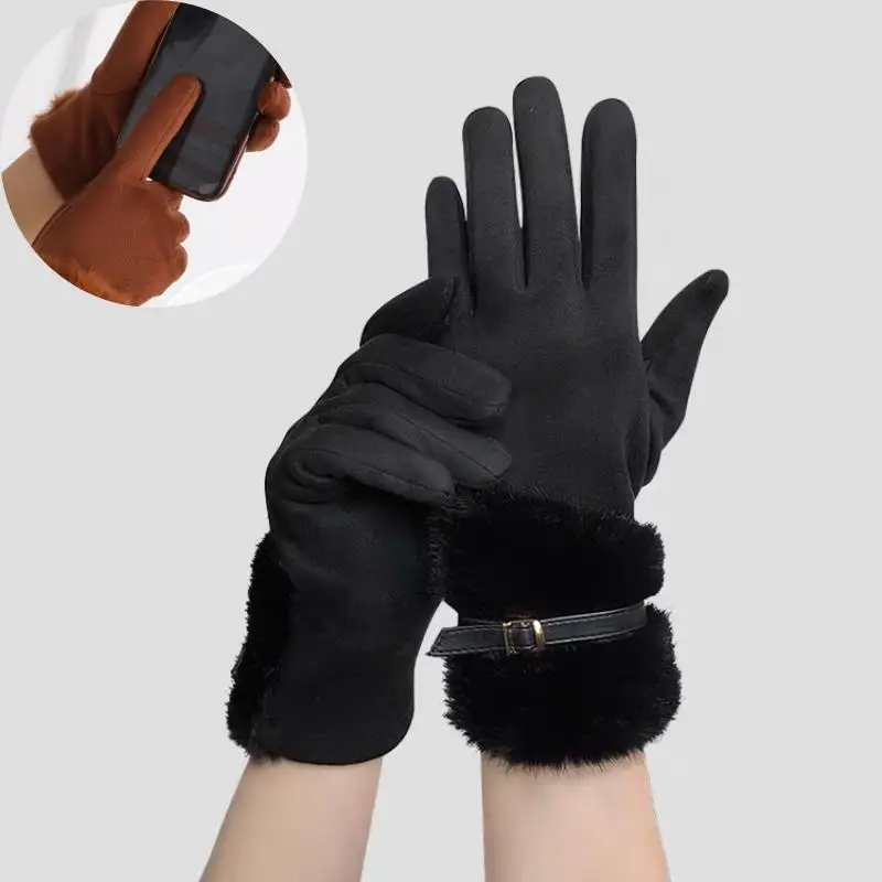 

Winter Keep Warm Gloves Touch Screen Suede Metal Buckle Soft Plush Gloves Thickened Mittens Elegant Windproof Full Finger Glove