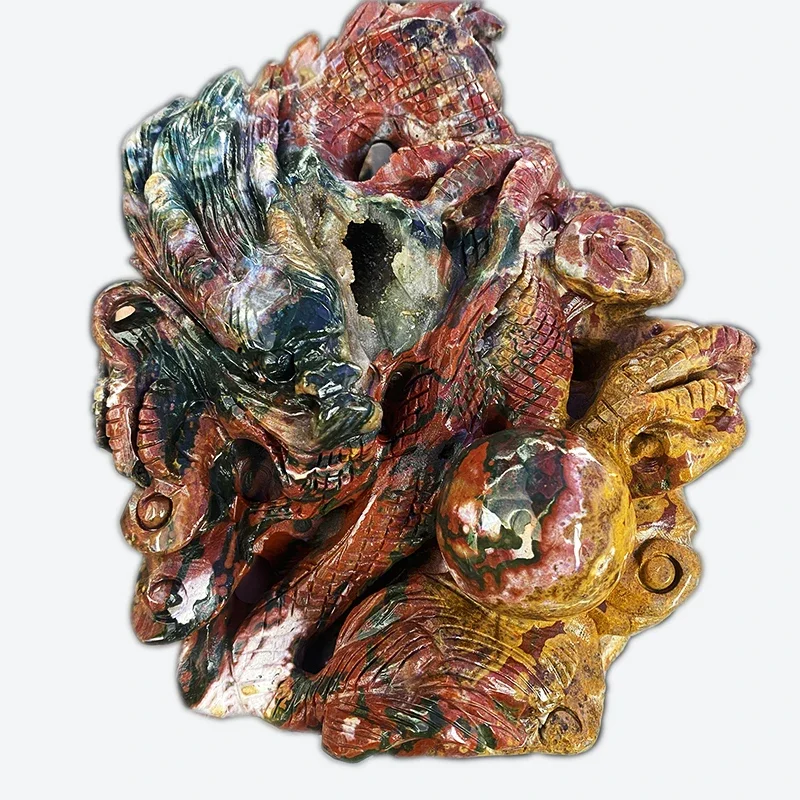 High quality Marine jasper hand carved dragon statuary healing stone crystal jade dragon for fengshui home decoration