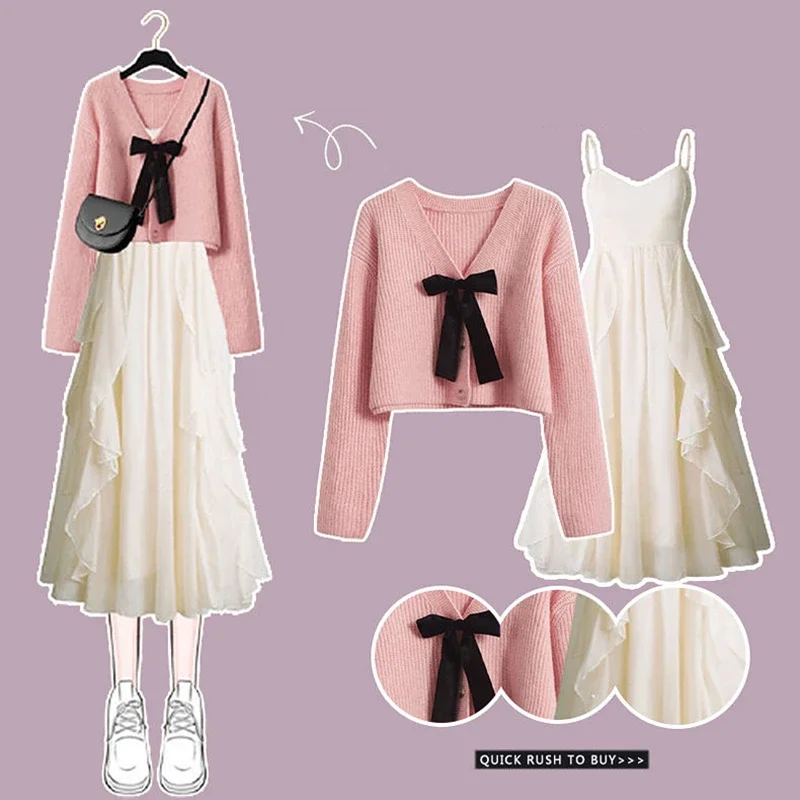 Frühling Herbst Frauen Stricken Tops Kleid Passenden Sets Dame Anmutige Rüschen Sling Midi Kleider Pullover Zwei Stück Anzüge Neue Outfits