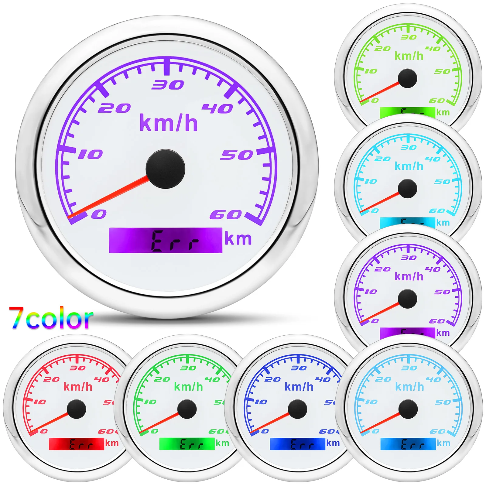 

30km/h 60km/h 120km/h 200km/h Gps Speedometer 85mm Waterproof 9-32V Speed Gauge Meter with GPS Antenna 7 Color Light for Boat