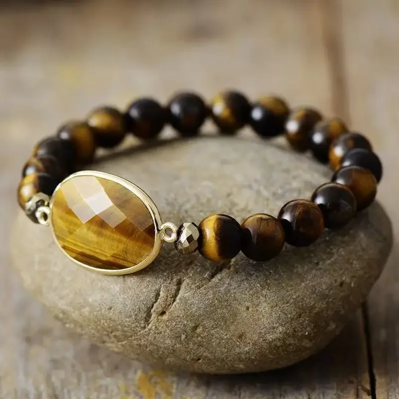 Natural Tiger Eye Stone Beaded Bracelet Oval Gemstone Charm Bracelet Vintage Boho Handmade Jewelry for Women