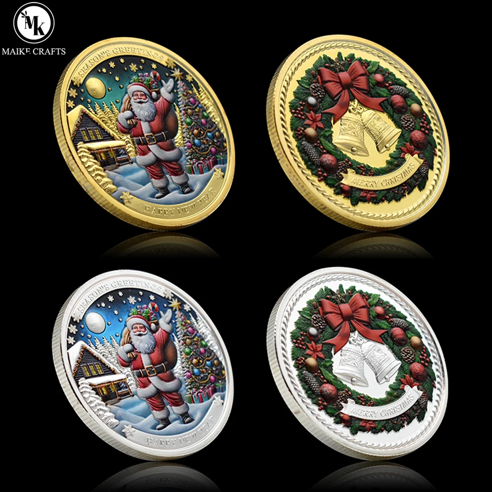 

2024 Christmas Santa Commemorative Coin Zinc Alloy Gold/Sliver Plated Craft Happy New Year Season's Christmas Gift