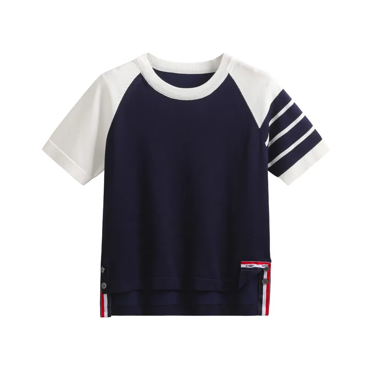 T-shirt ort Sve tricoté en soie glacée fine pour femmes, rond, rayé, couleur Blo College Sle, coupe ample, longueur régulière, été