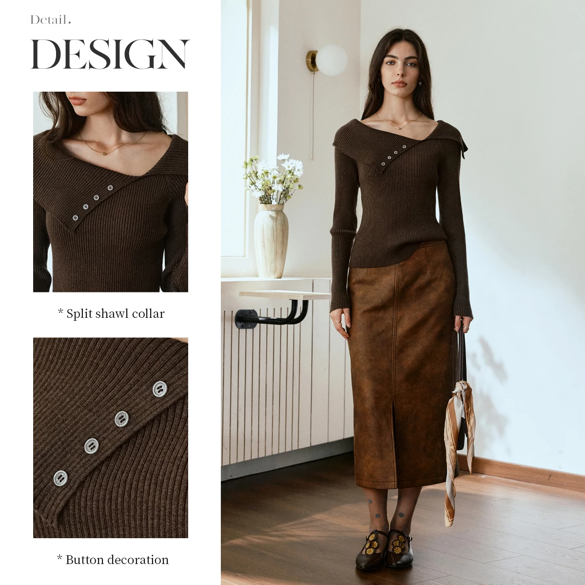 OLrain مائل الرقبة سترة المرأة 2025 الخريف أنيقة طويلة الأكمام البلوز غير المتكافئة زر امرأة تصميم تريكو O57QZ000936 #4