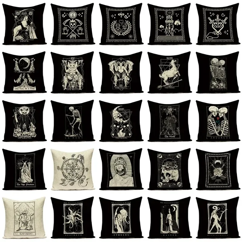 Horror Tarot Cushions Cover Bone Stand Decorative CushionCovers Print Linen Pillows Black and White Portrait Pillows Cases Cojin