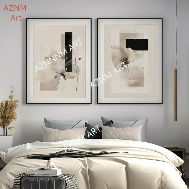 1/2-teiliges minimalistisches Blumen-Kunstdruck-Set: Beige, Schwarz, botanische Galerie, Wandgemälde auf Leinwand