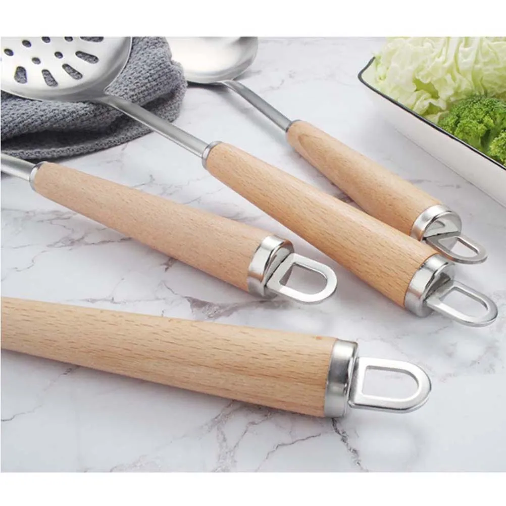 

1pc Stainless Steel Wood Handle Colander Strainer Spoon High Density Holes Oil Filtering Long Handle For Home Kitchen Restaurant