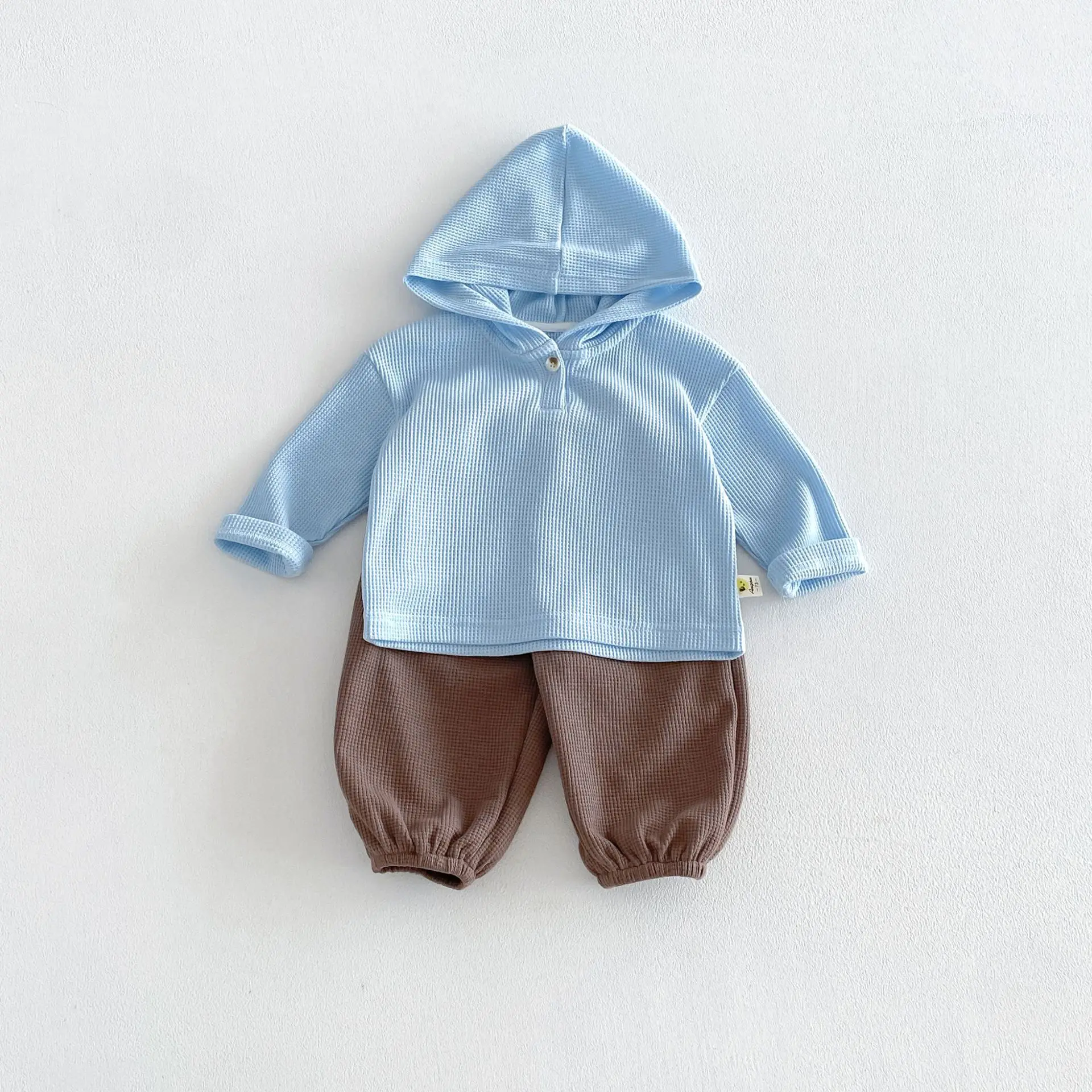 Ins Korean Autumn Edition Men's and Women's Casual Set for Infants and Young Children, Waffle Hoodie, Loose Western Style Pants