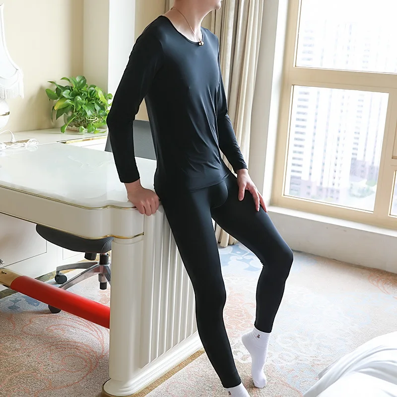 Men Long Johns Set Thin Round Neck Silky Breathable Slim Thermal Underwear Leggins Pajamas Sexy Sleepwear Warm Pants