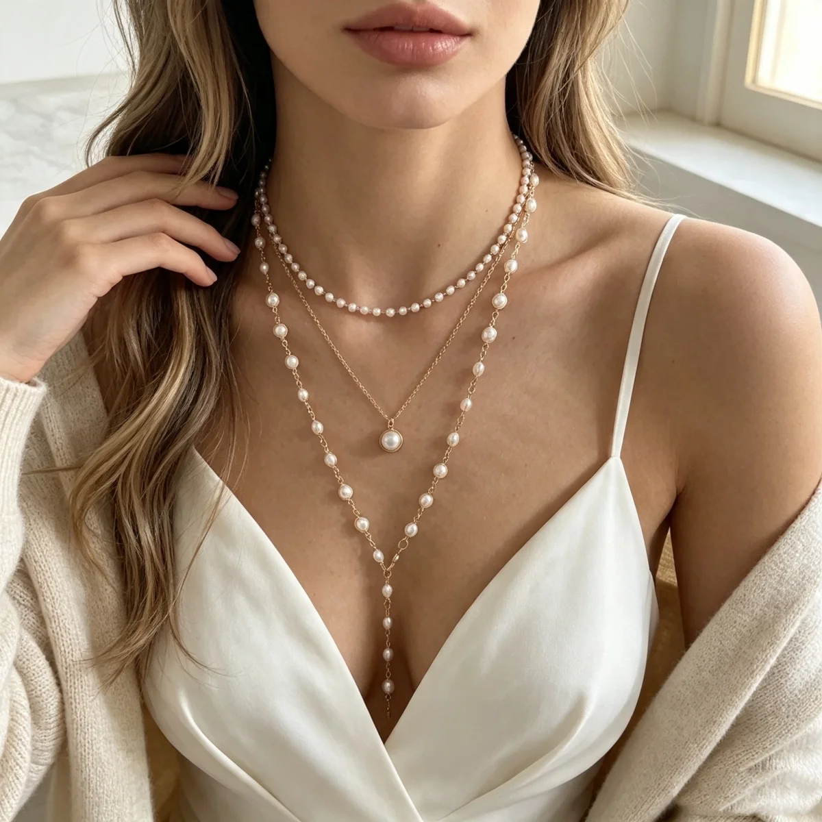 Vintage Elegante Simulierte Perlen-Halskette für Damen, Mehrschichtige Y-förmige Pulloverkette, Choker, Hochzeitsschmuck – Detail 10