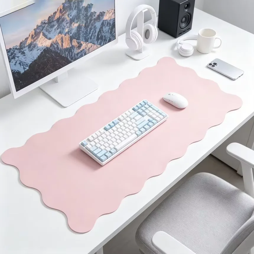 irregular Wave Pink Colorful Korea Leather Desk Pad Protector Mouse Pad Office Desk Mat Waterproof Non-Slip PU Desk Blotter Pad
