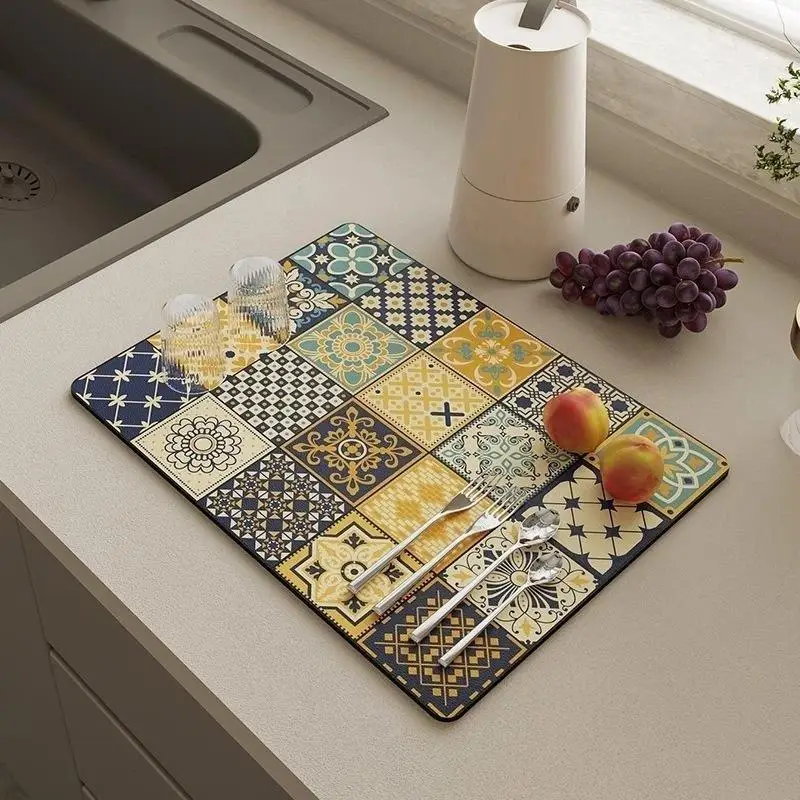 Bohemian Print Diatom Drainage Pad Quick Drying Stain Resistant Kitchen Countertop Mat for Cup Plate Drying