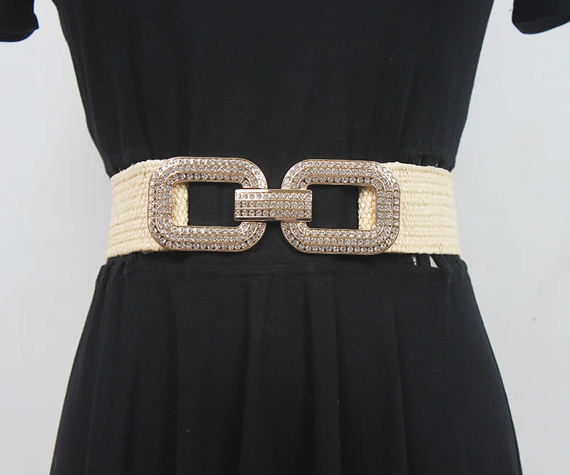 Women's Runway Fashion Diamonds Buckle Knitted Cummerbunds Female Dress Corsets Waistband Belts Decoration Wide Belt R729