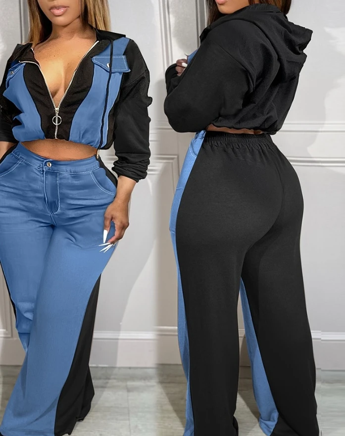 

Elegant Two Piece Set for Women Cowboy Blue Color Blocked Zip Up Hoodies High Waisted Casual Daily Sporty Straight Leg Pants Set