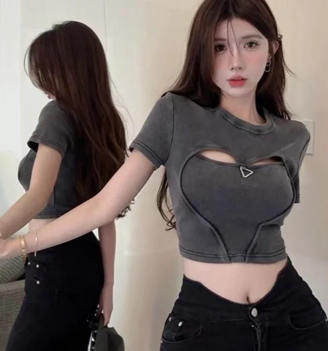 

Y2K Tops Hollow Short Sleeve T-Shirt for Women Summer Tight Fitting Pure Desire Sexy Short Top American Spicy Girl Crop Top