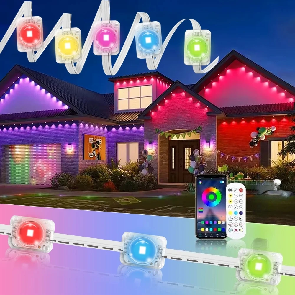15/30M Smart RGB Eave Lights App e telecomando IP67 Luci a stringa LED per esterni permanenti Casa Capodanno Natale Compleanno Illuminazione fai da te