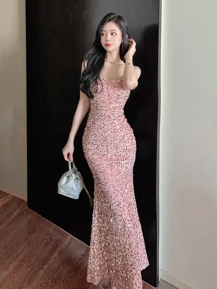 Elegant Pink Spaghetti Strap Sequin Sleeveless Open Back Long Dress 2023 Summer Party Dresses For Women