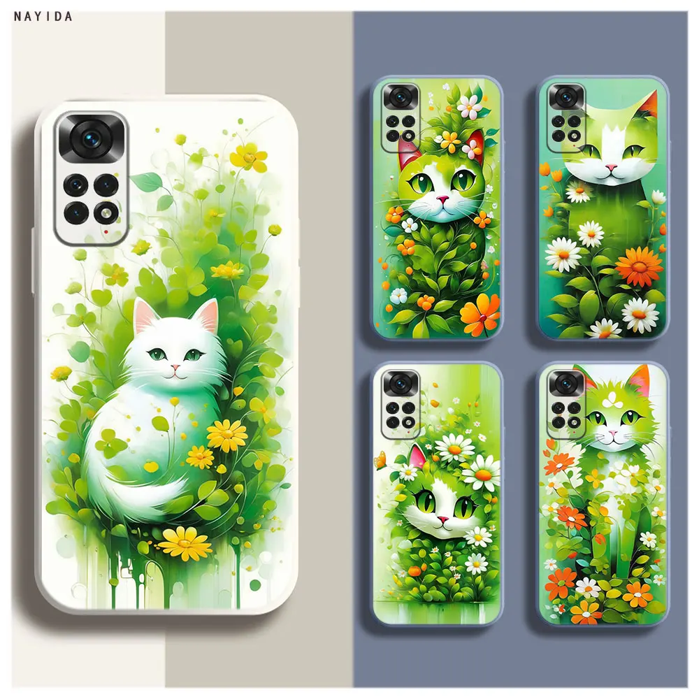 Soft Silicone Phone Case For Xiaomi Redmi Note 12 11 12S Pro Plus 12c 11a 4G 5G Original Cover Green Oil Painting Flower Cat