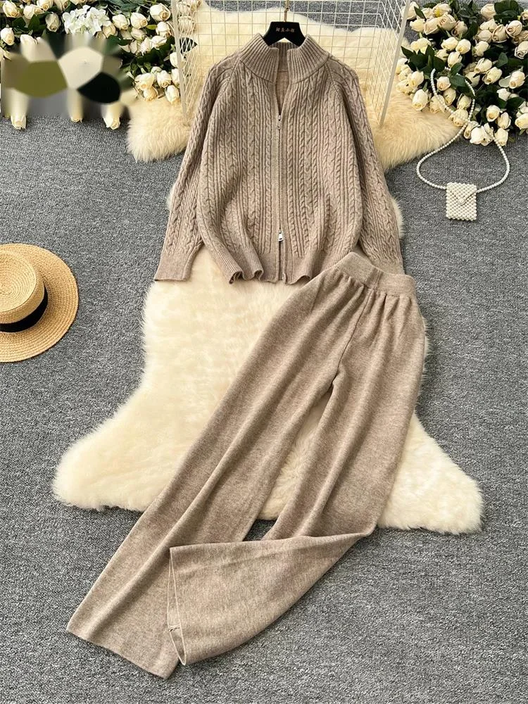 

Women Thick Sweater Suits Zipper Design Loose Pullovers+Elastic Wide Legs Fashion Warm Knitted Two Pieces Sets