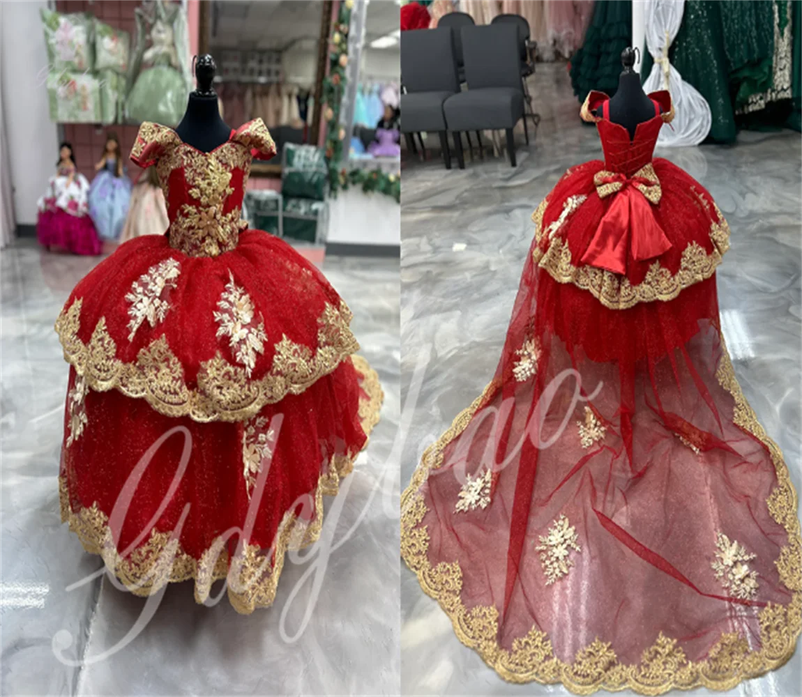 Custom Flower Girl Dress With Fluffy Golden Embroidery Off-shoulder Children's Piano Performance Birthday Dress