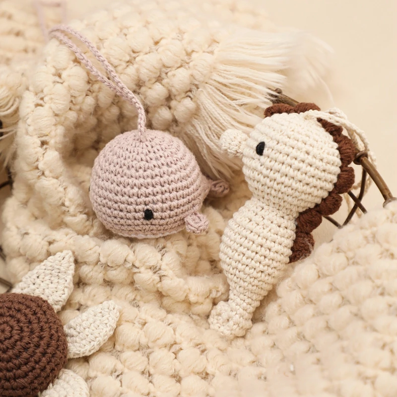 1pc Crochet Rattle Play Gym Pendant for Kids Ocean Crochet Rattle Mobile Bell Ring Wooden Babies Gym Montessori Children's Toys