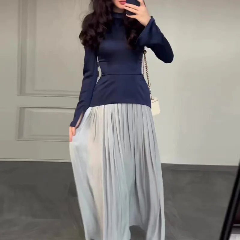2024 Autumn New Patchwork Women\'s Dress Noble Elegant Fake Two Piece Dresses Contrast Fashion Clothing Long Sleeves Female Wear