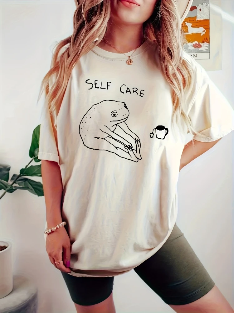 Self Care Funny Frog Graphic Tees Short Sleeve Loose Cotton Women White T shirts O Neck Casual Aesthetic Female Shirts Harajuku