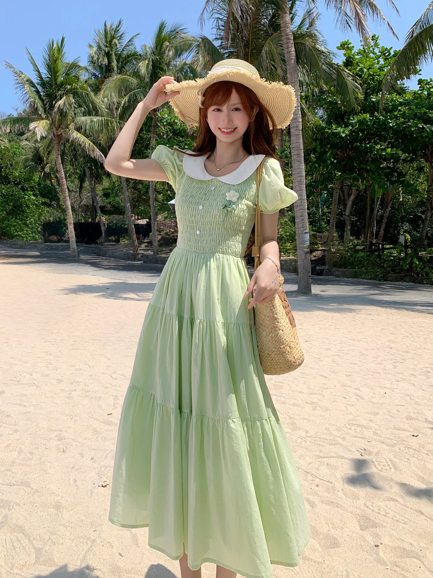 

2026 Summer Women Green Maxi Dress Peter Pan Collar Puff Sleeve Tiered Flowy Dress Cute Sweet Casual Beach Vacation Sundress