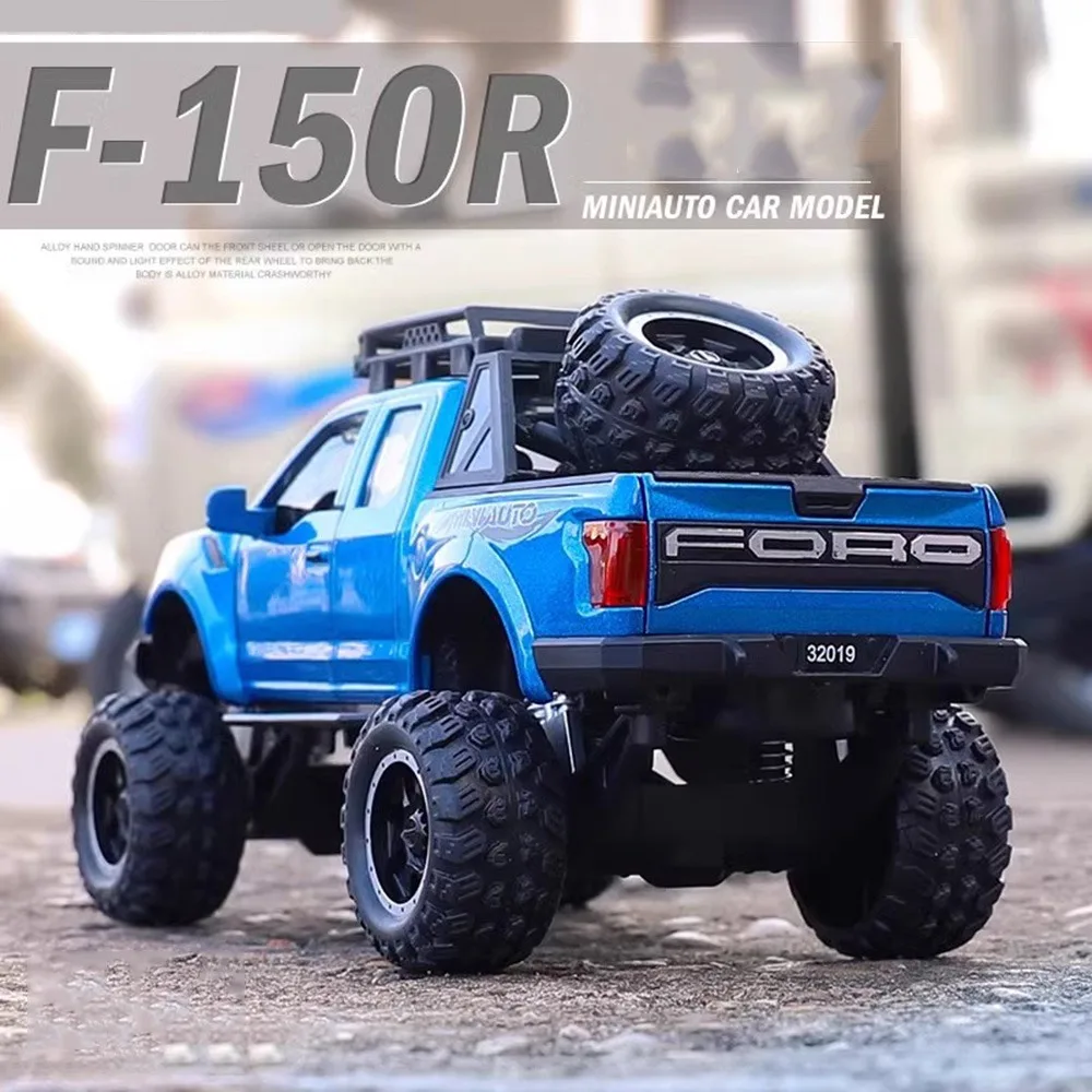 Scale 1/32 Ford Raptor F150 Cars Model Toys Diecast Alloy Pickup Metal Body Rubber Tires Sound Light Vehicles Toy Gifts for Kids