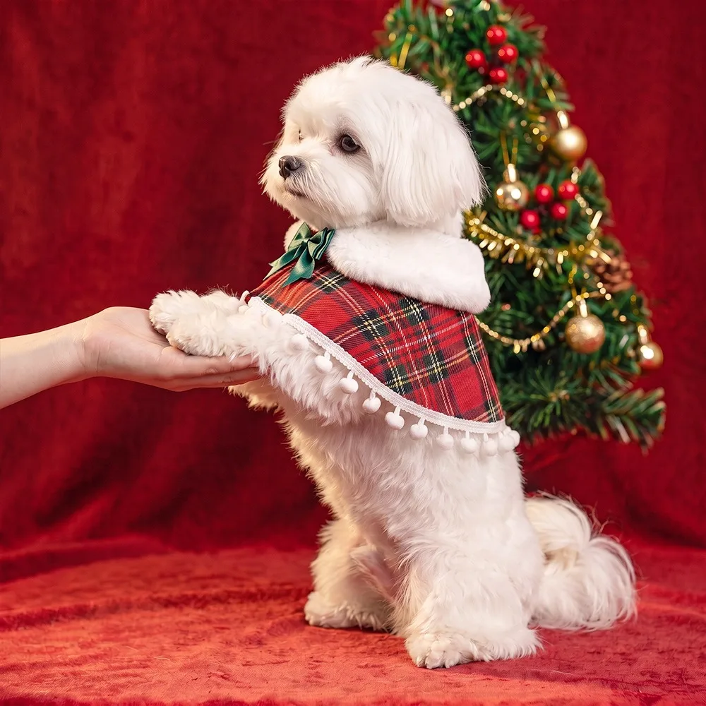 Plaid Pattern Christmas Pet Cape Fleece Lined British-style New Year's Cat Cloak Warm with Bowknot Christmas Pet Scarf Dog
