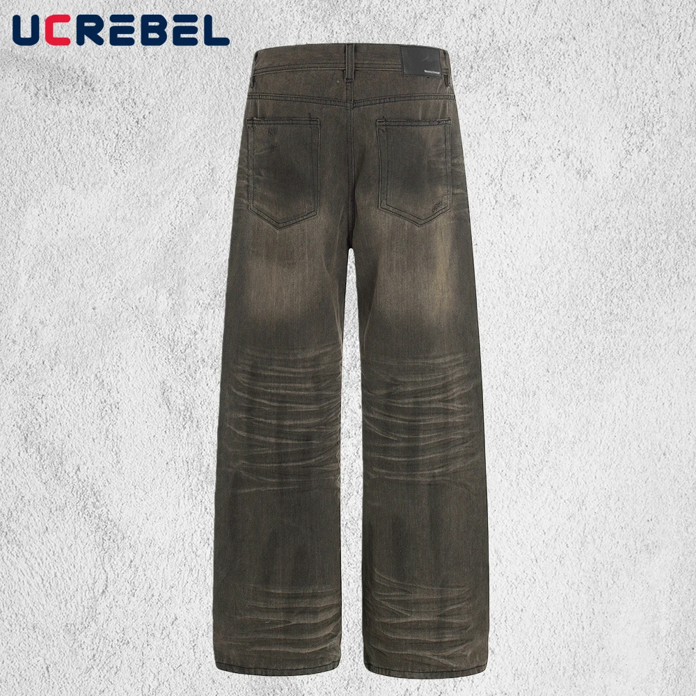 Retro Dirty Jeans Mens Ripped Retro High Street Washed Distressed Wide Leg Straight Baggy Denim Pants Man