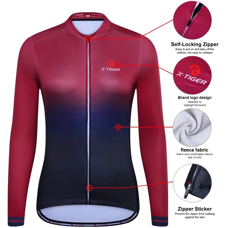 X-TIGER Cycling Jerseys Lady Winter Thermal Biking Jersey Long Sleeve Keep Warm Gradient Series Sport Running Bicycle Shirts