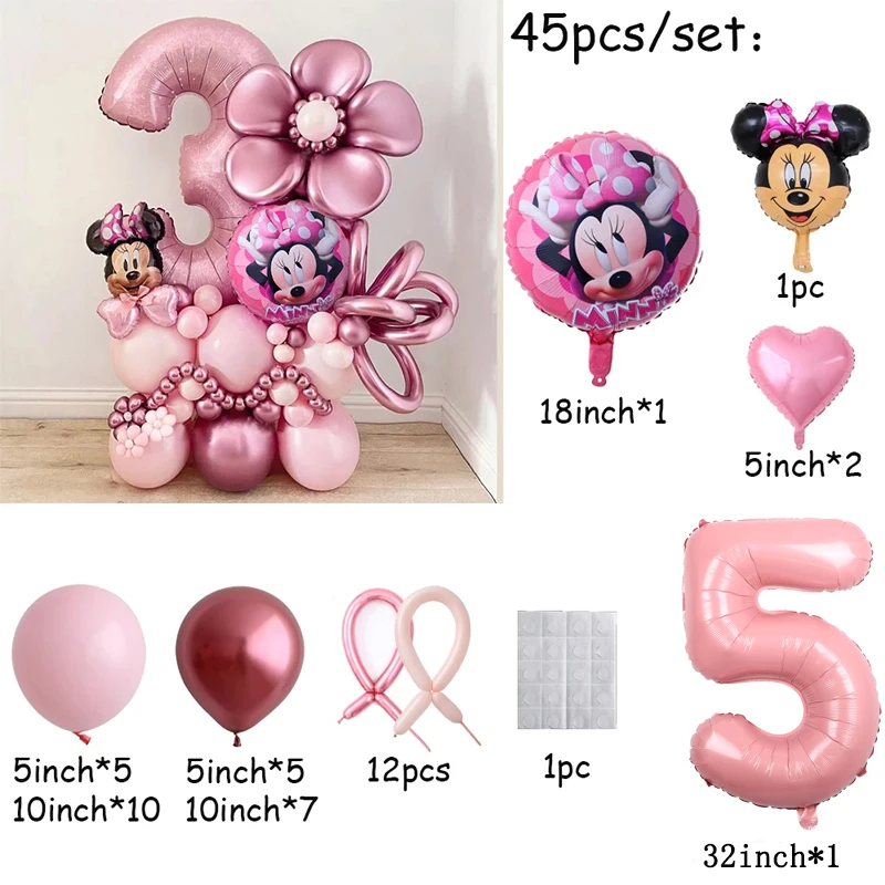 45Pcs Disney Mickey Minnie Mouse Balloons Set 32inch Number Aluminum Foil Balloons Kids Birthday Baby Shower Party Decorations