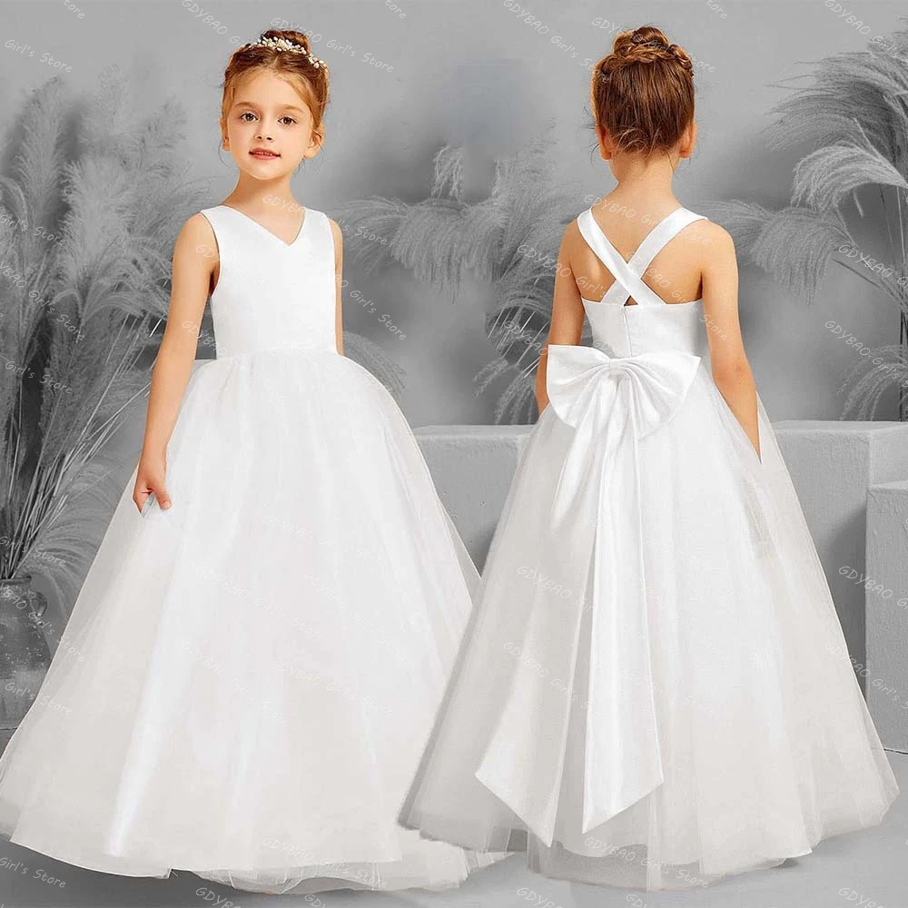 

Elegant White Wedding Dress for Flower Girls V Neck Criss Cross First Communion Dress With Tulle Bow 2-14 Kids Formal Party Gown